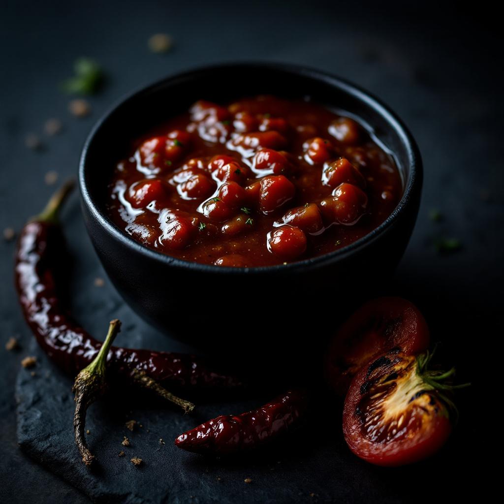 Deep mahogany morita chile salsa pooled in a small black ceramic bowl