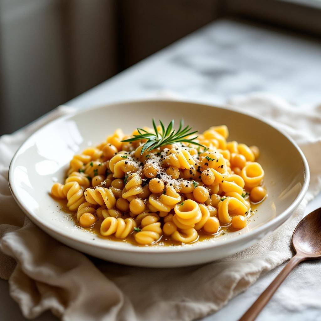 Italian pasta e ceci in a wide cream bowl with ditalini chickpeas rosemary and olive oil drizzle