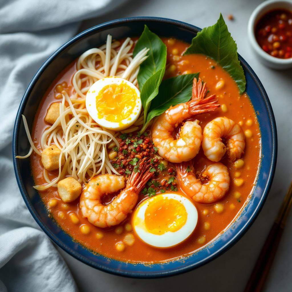 Overhead shot of a single bowl of laksa lemak with shrimp and tofu puffs
