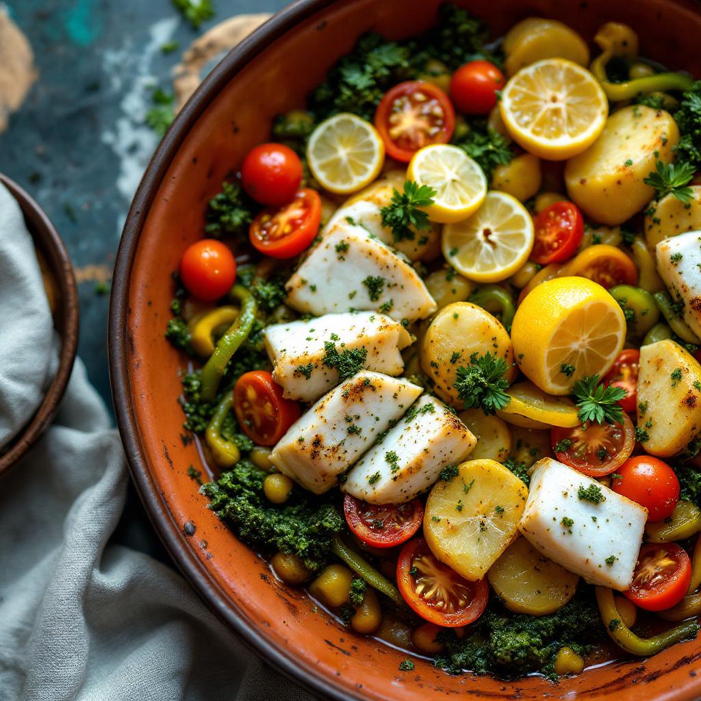 Fish tagine with chermoula, potatoes, peppers and lemon slices