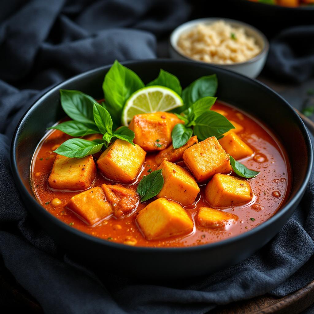Thai red curry with sweet potato cubes and golden fried tofu in coconut sauce in a black bowl with jasmine rice and Thai basil