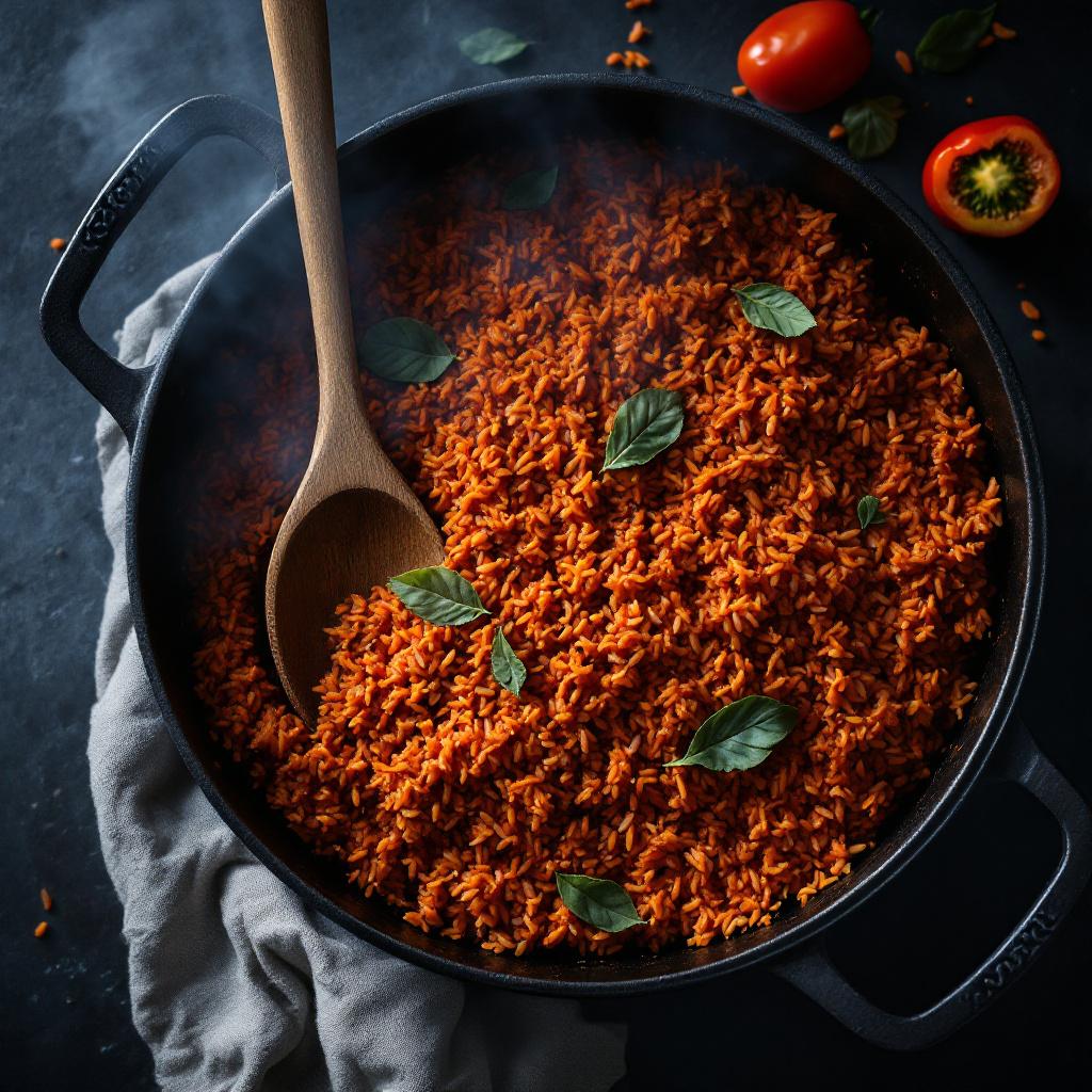 Pot of West African jollof rice with golden grains, red pepper sauce, and a smoky crust at the bottom
