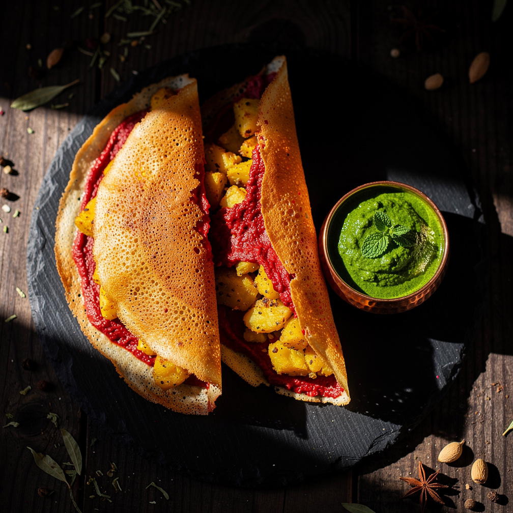 Mysore masala dosa with red chutney smear inside and green mint chutney alongside