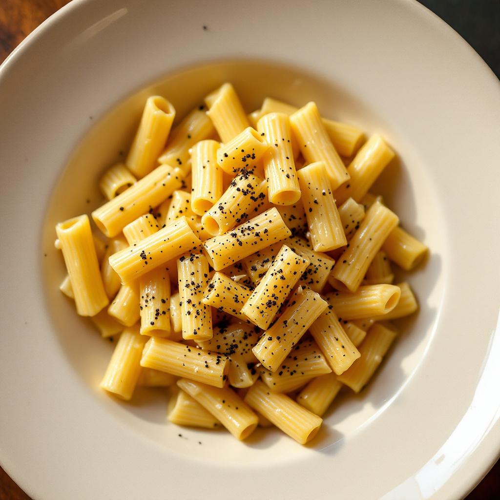 Rigatoni tubes coated in glossy pecorino and black pepper gricia sauce