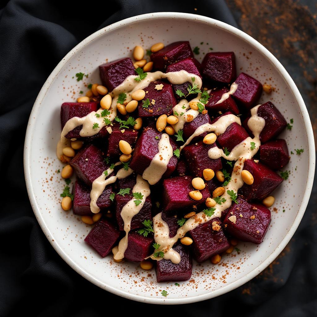 Roasted beet salad with tahini drizzle, parsley and toasted pine nuts