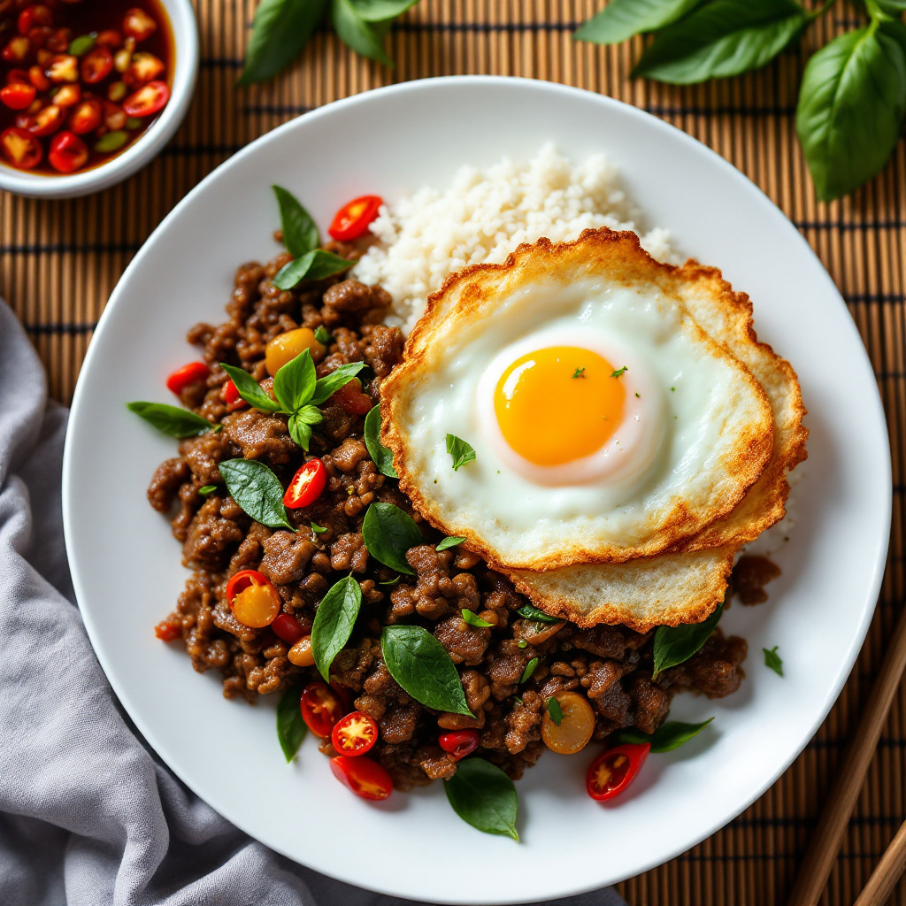 Thai pad krapow with glossy minced beef, holy basil leaves, jasmine rice and a crispy-edged fried egg on a round plate