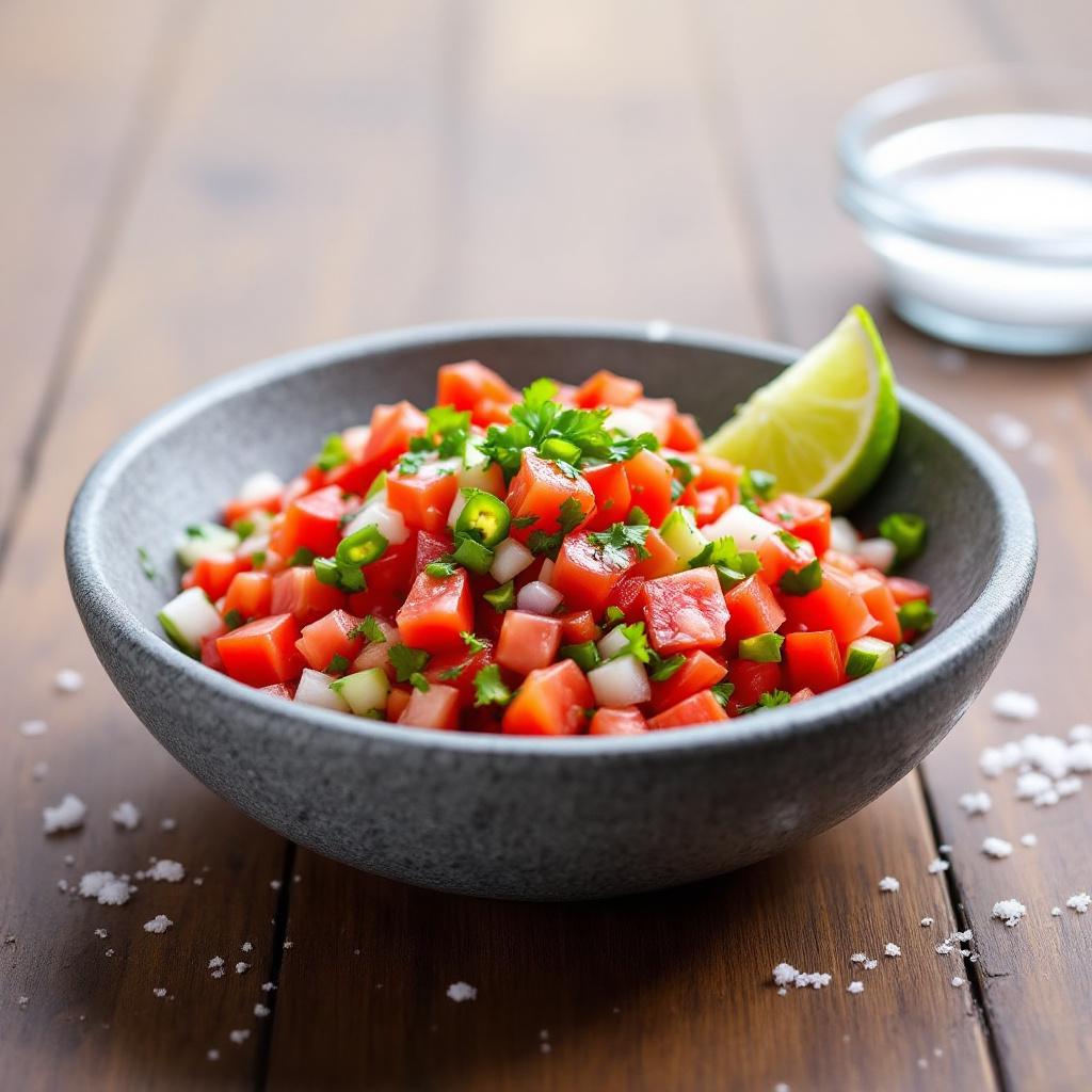 Fresh pico de gallo with diced red tomato, white onion, green jalapeno, and cilantro in a wide stone bowl