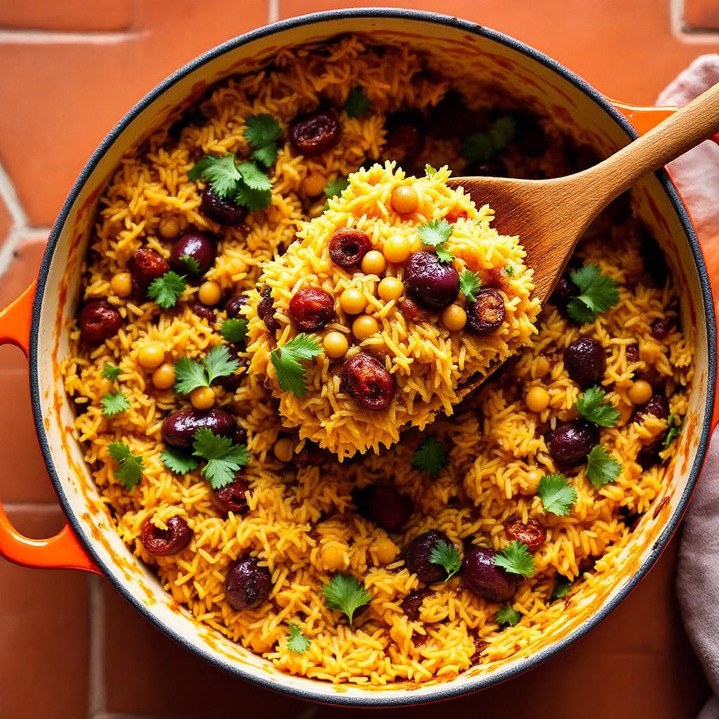 Puerto Rican arroz con gandules in an orange enameled pot with olives and cilantro