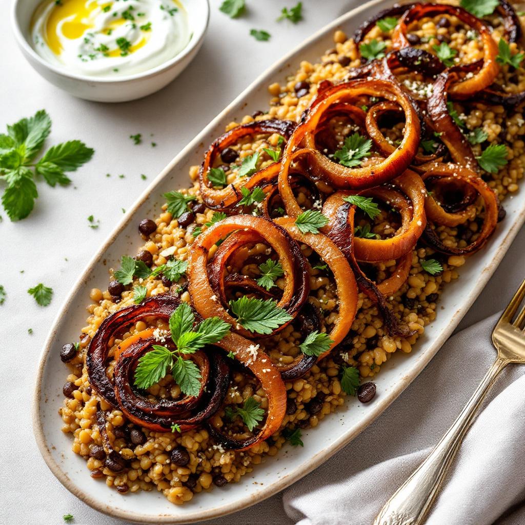 Platter of Lebanese mujadara with caramelized onions on top, cucumber yogurt on the side