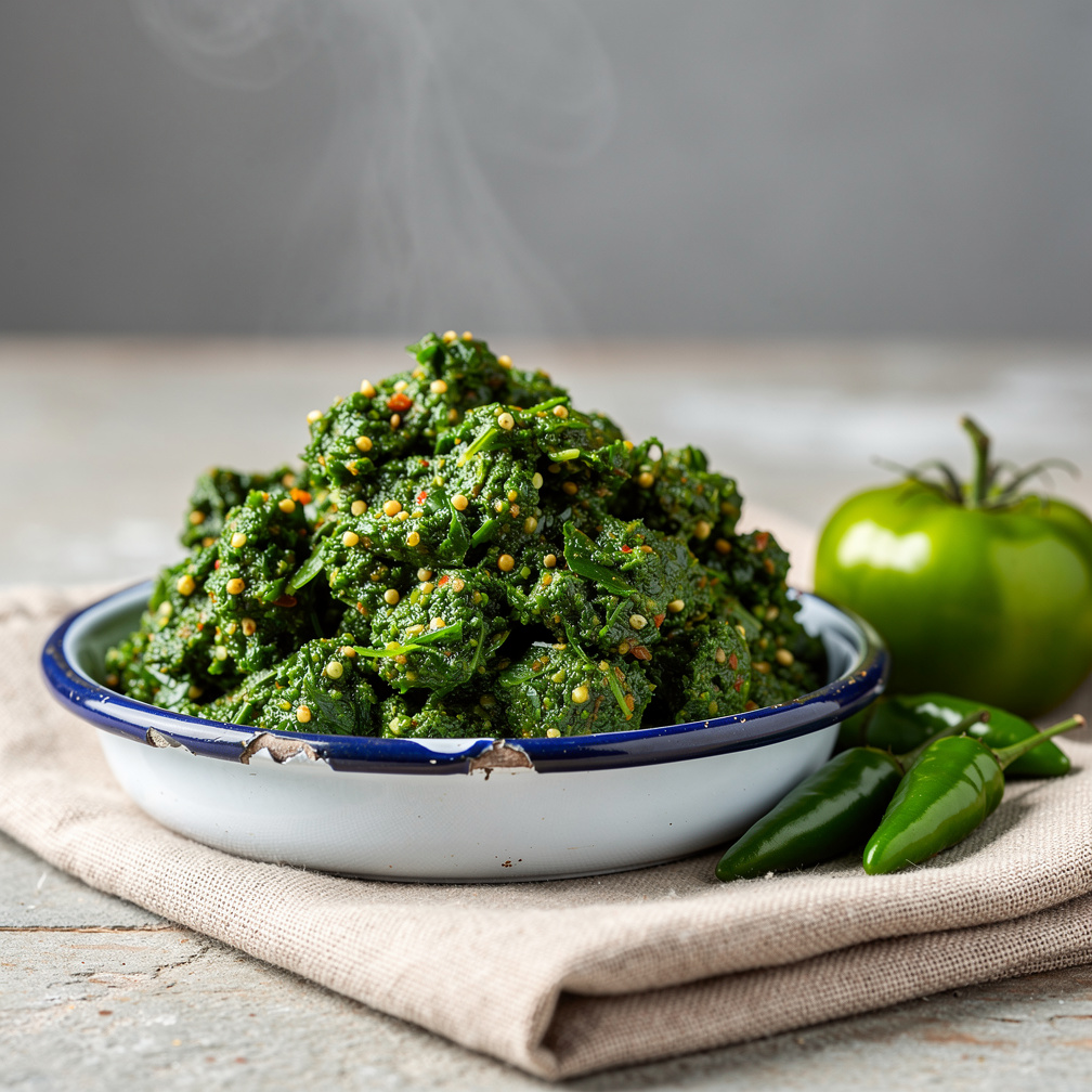 Vibrant green sambal ijo Padang style in a small enamel dish with green chilies