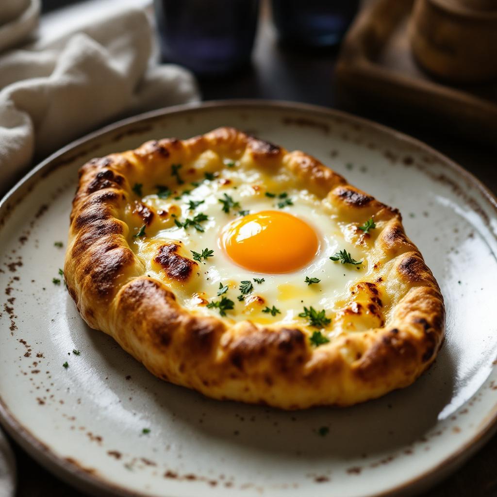 Adjarian khachapuri shaped like a boat with bubbling cheese and golden crust