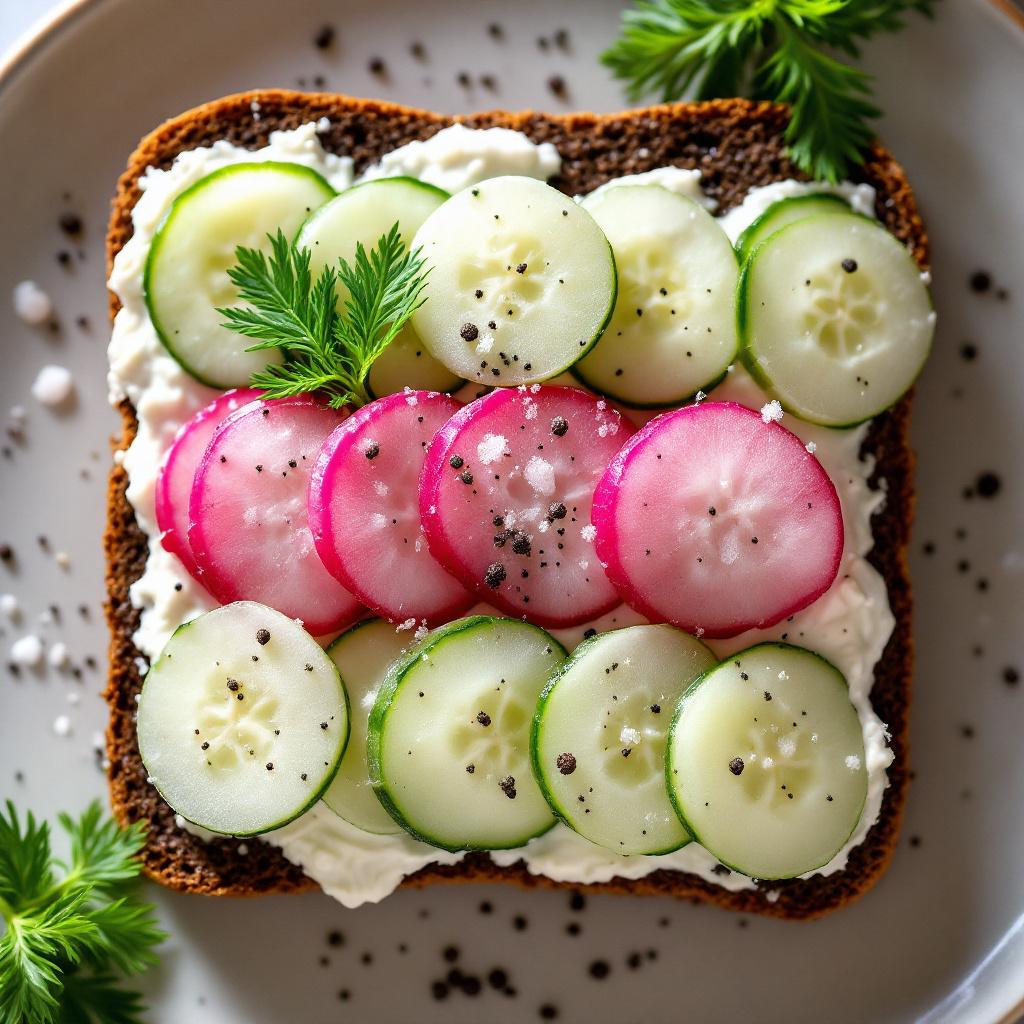 Radish and cucumber smorrebrod with a thick layer of dill-flecked cream cheese on dark rye, topped with sliced cucumber and pink radish rounds in a tight pattern