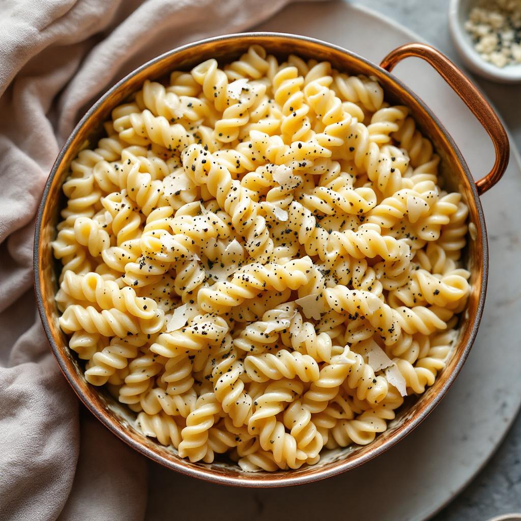 Cavatappi corkscrew pasta in a creamy four cheese sauce in a small copper pan