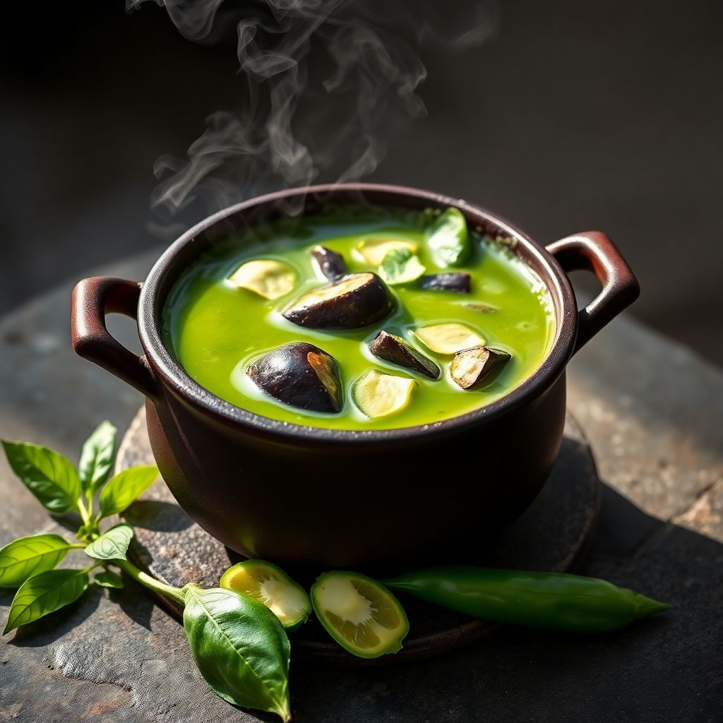 Green Thai curry in a clay pot with Thai eggplant and basil