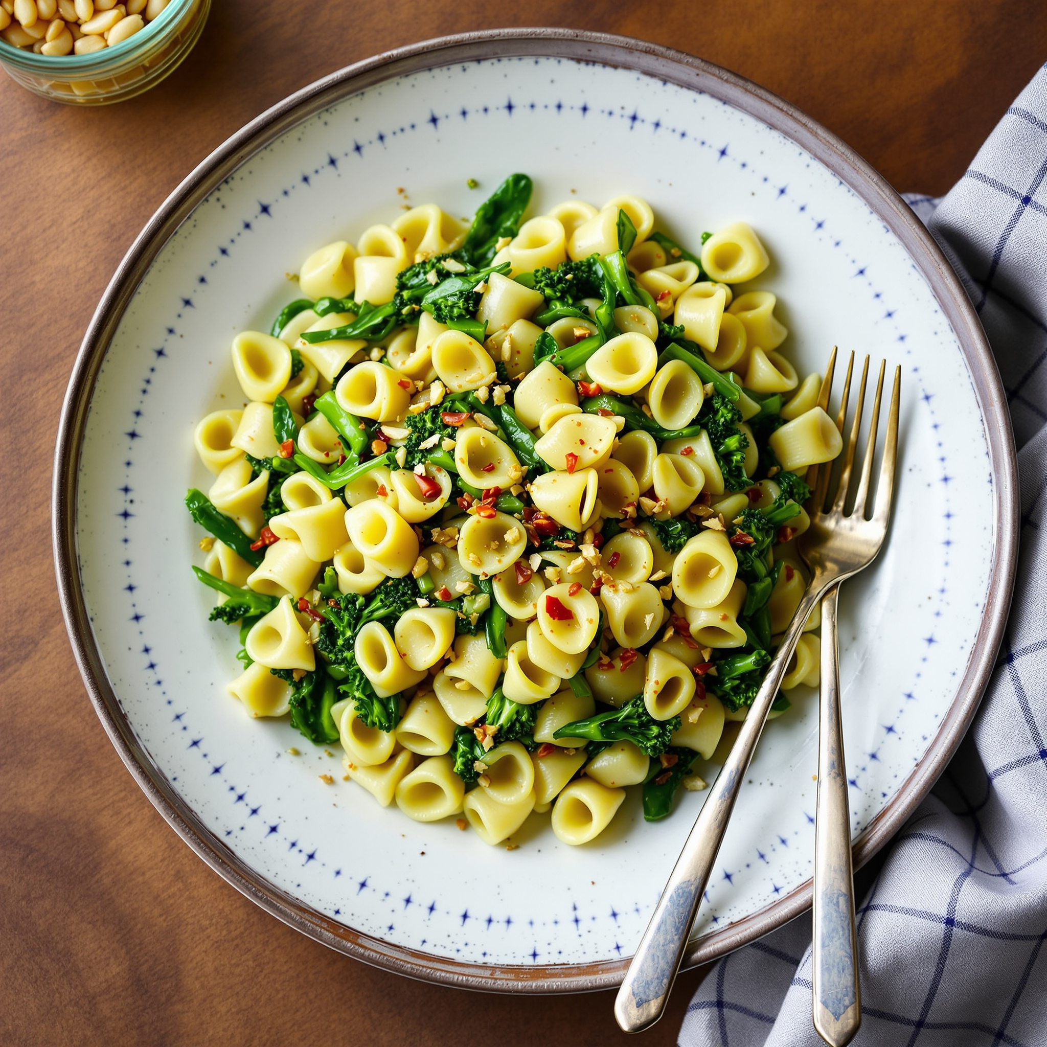 Orecchiette pasta tossed with sauteed broccoli rabe and garlic on a ceramic plate