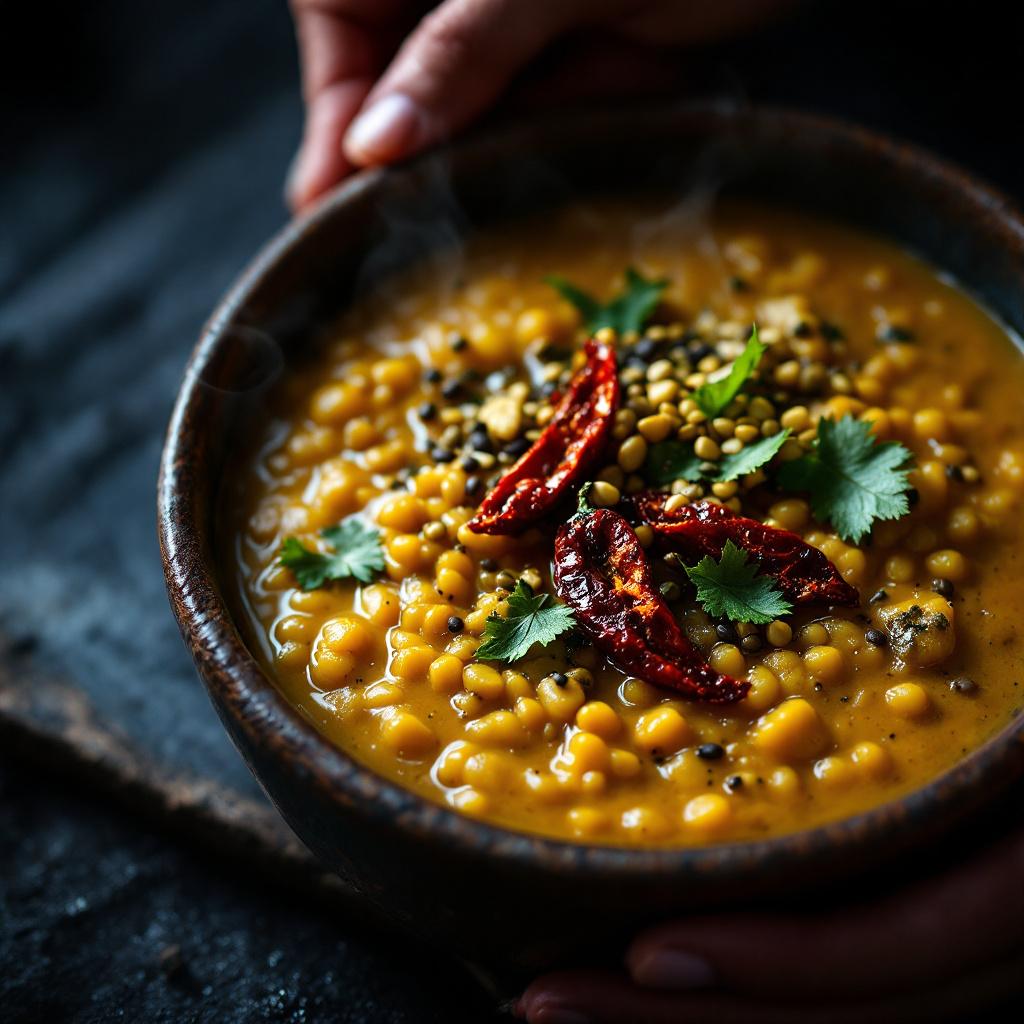 Bowl of golden Sri Lankan red lentil dhal topped with tempered curry leaves and mustard seeds