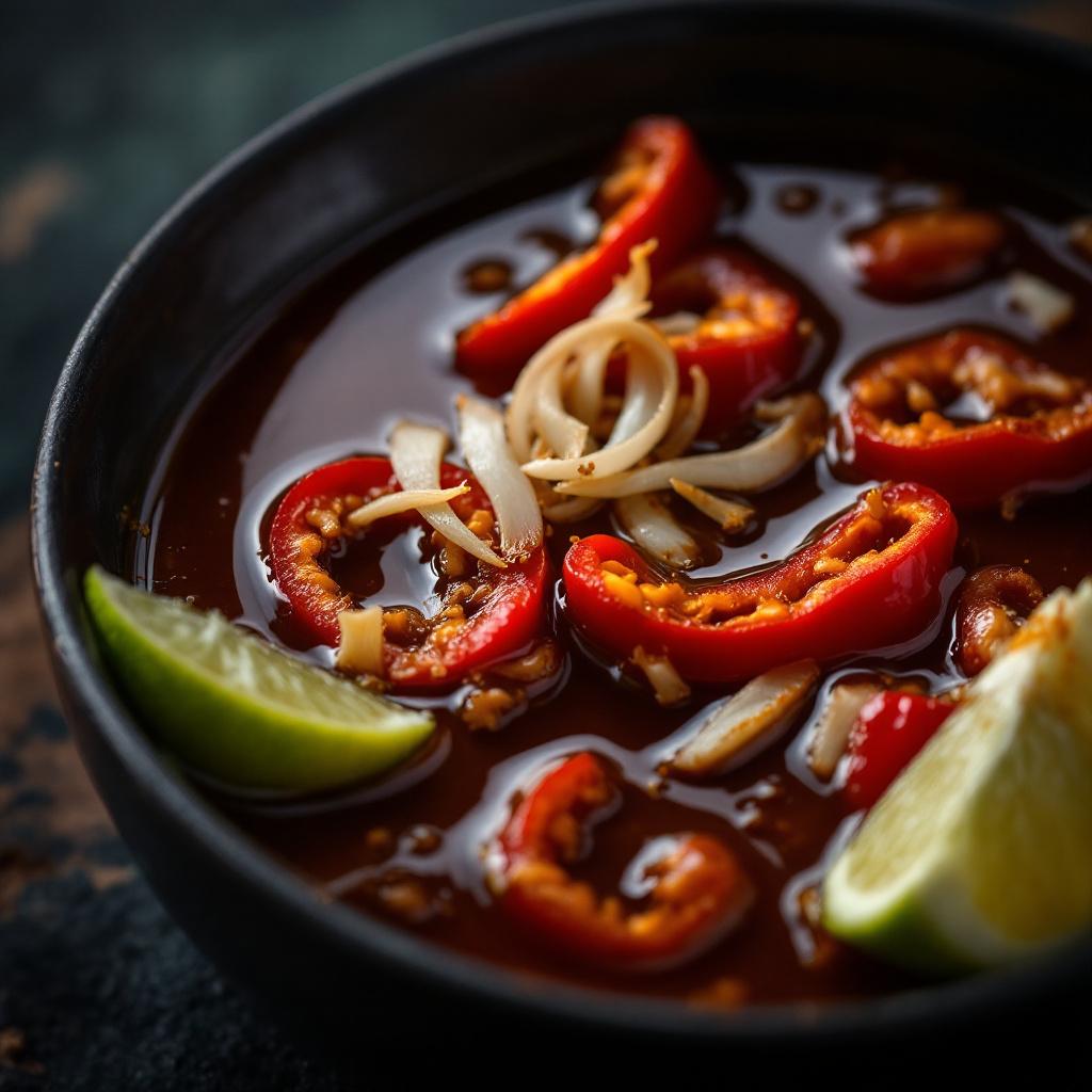 Glossy dark sambal kecap with sliced chilies and shallots in sweet soy sauce