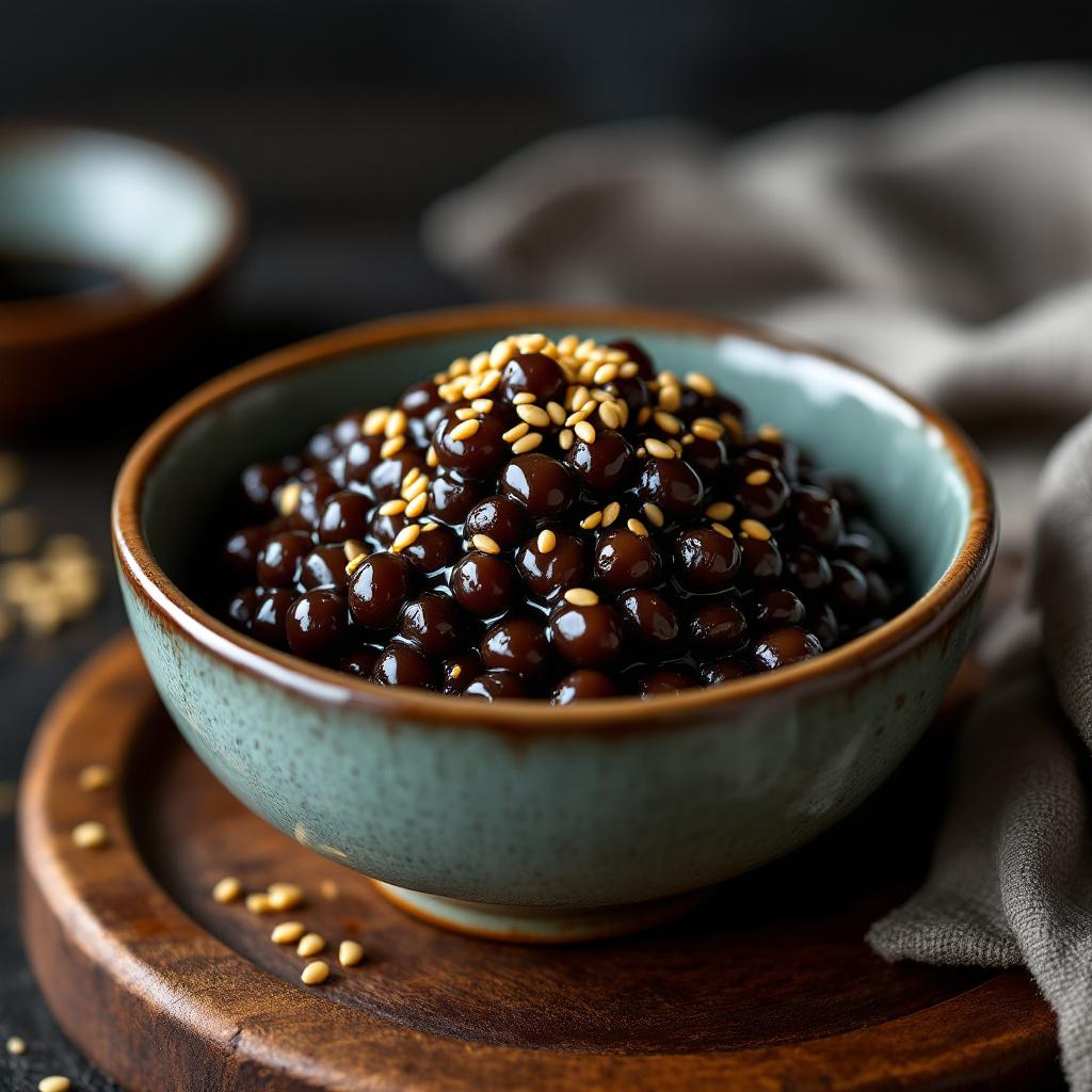 Close-up of glossy soy-braised black beans in a small ceramic bowl with sesame seeds