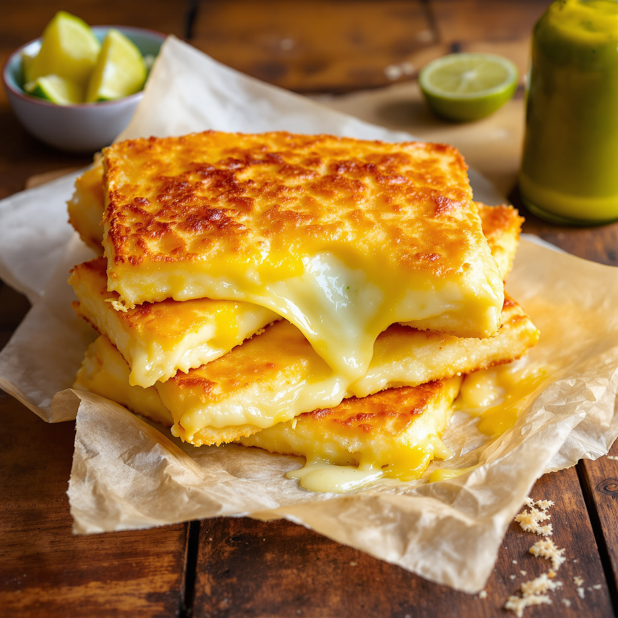 Crispy rectangular pastel pastries with golden bubbles