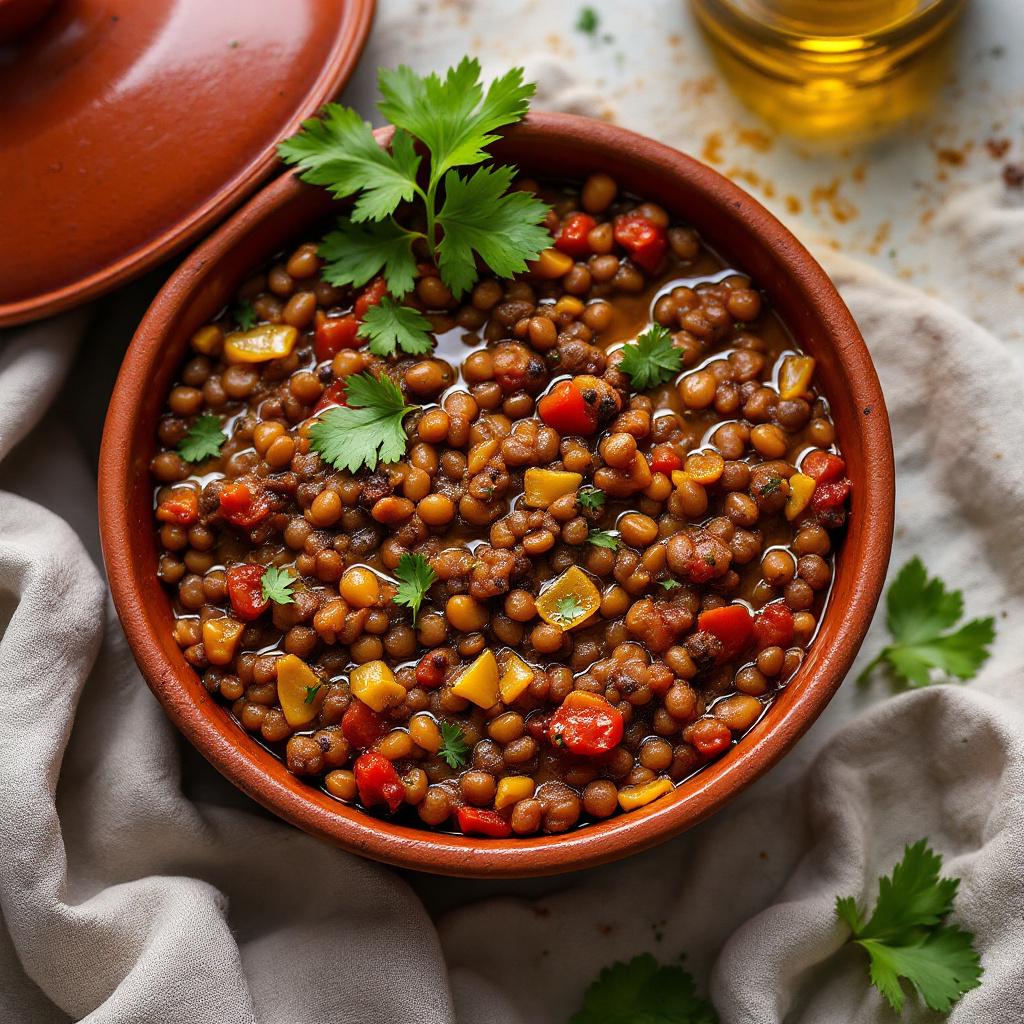 Lentil tagine with preserved lemon, cilantro and olive oil drizzle