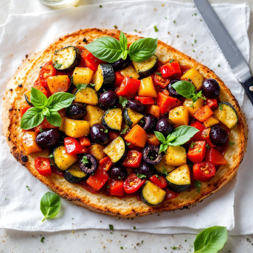 Ratatouille tartine with glossy zucchini eggplant and black olives on toast