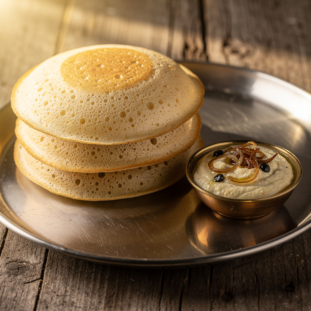 Stack of three soft set dosas with creamy cashew coconut kurma chutney