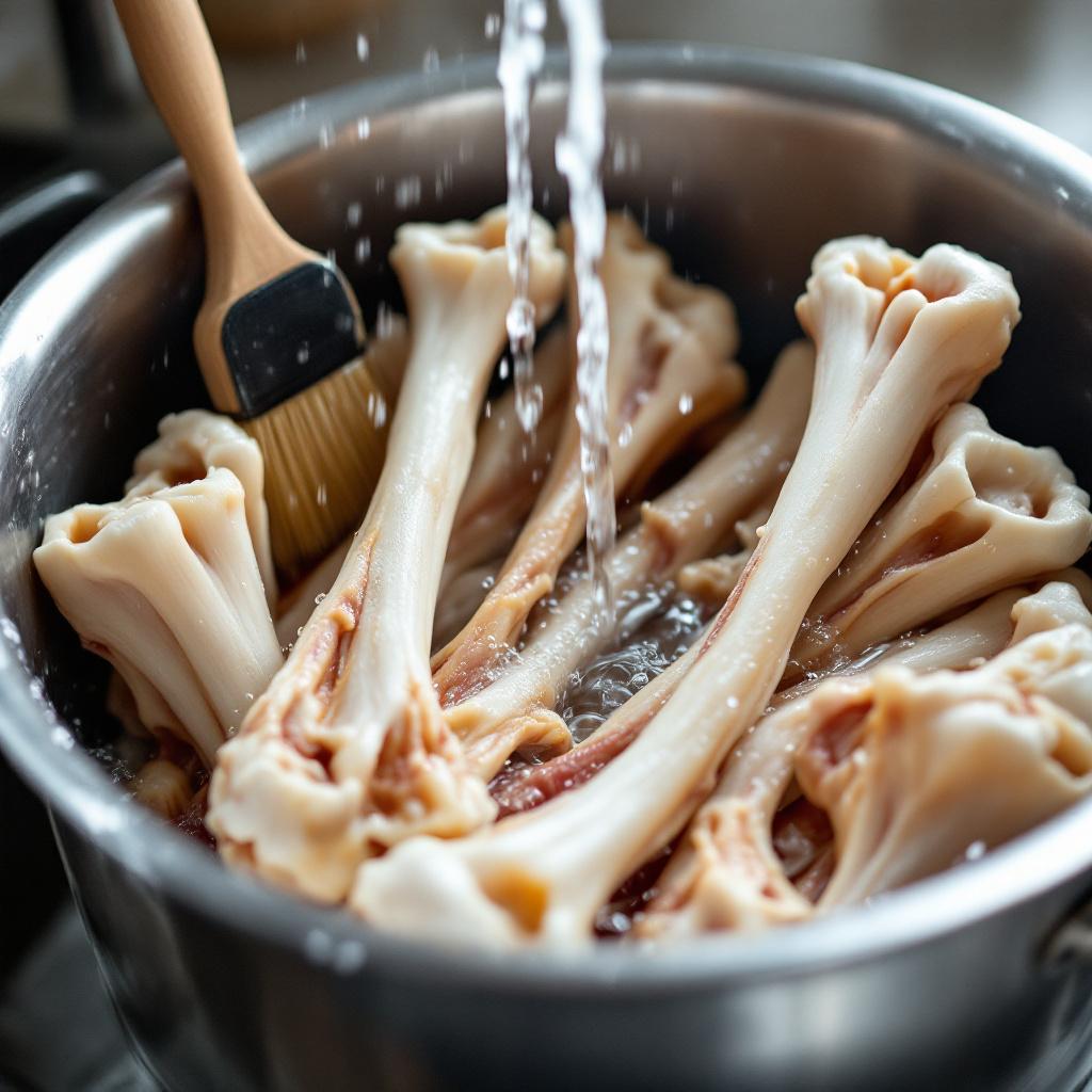 Cleaned beef bones in a stainless pot being rinsed under running water