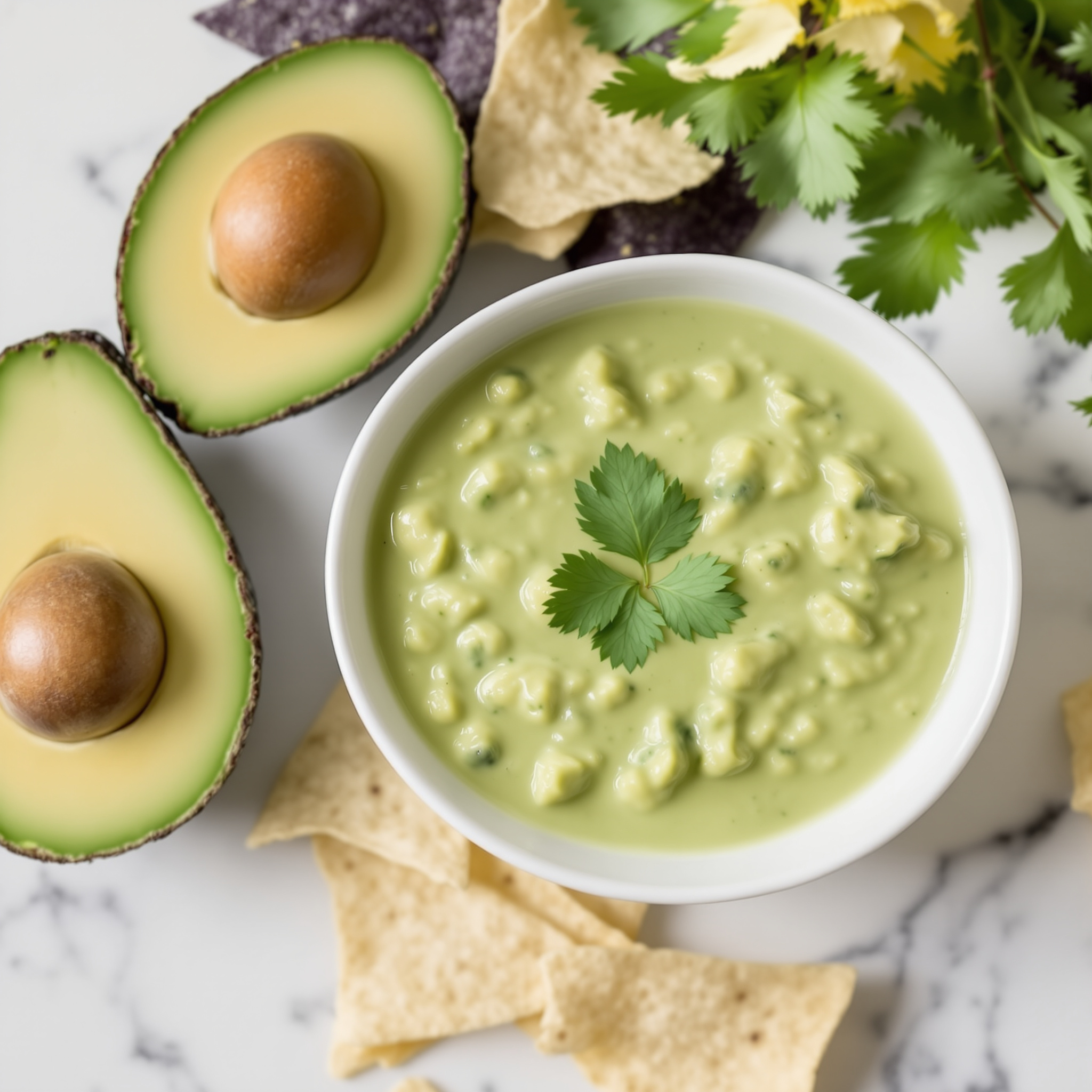 Pale jade avocado-tomatillo salsa in a small ceramic bowl with crisp tortilla chips