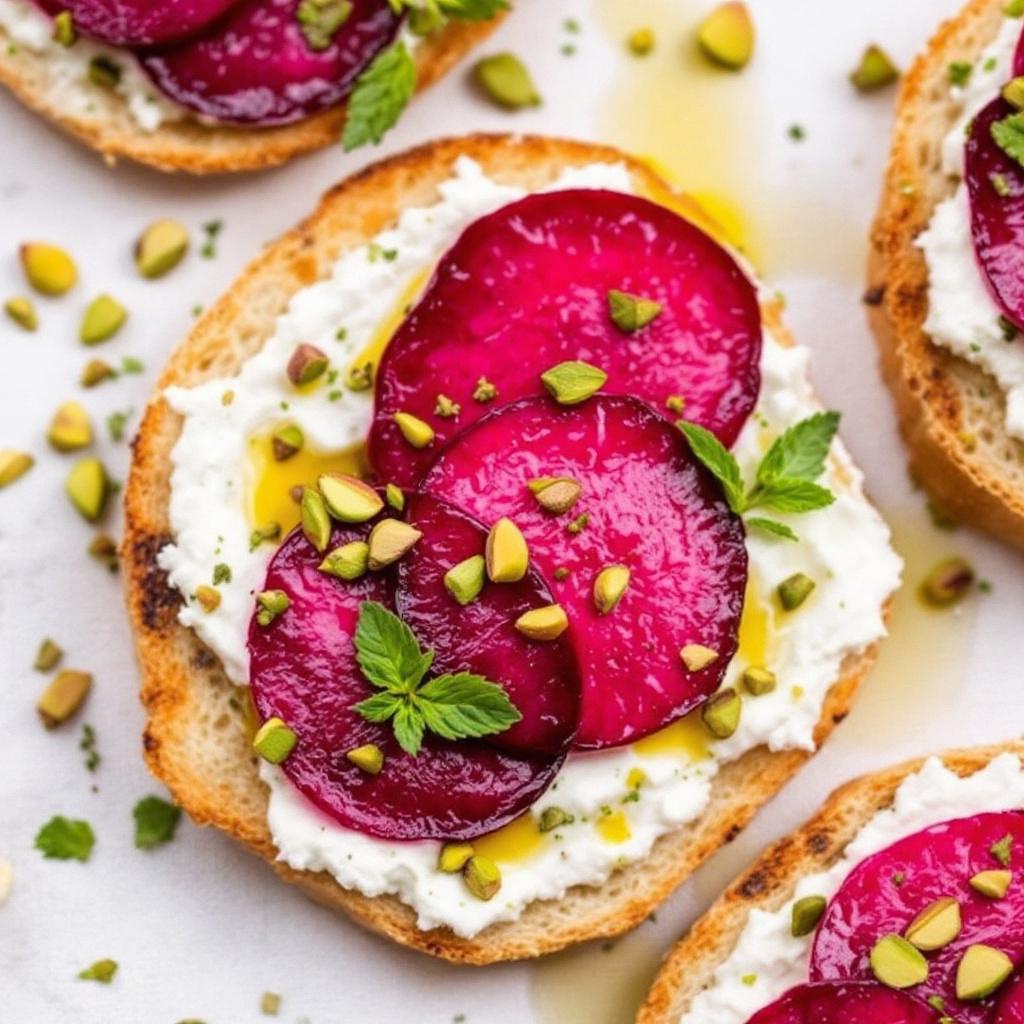 Pink beetroot rounds on whipped feta tartine with crushed pistachios