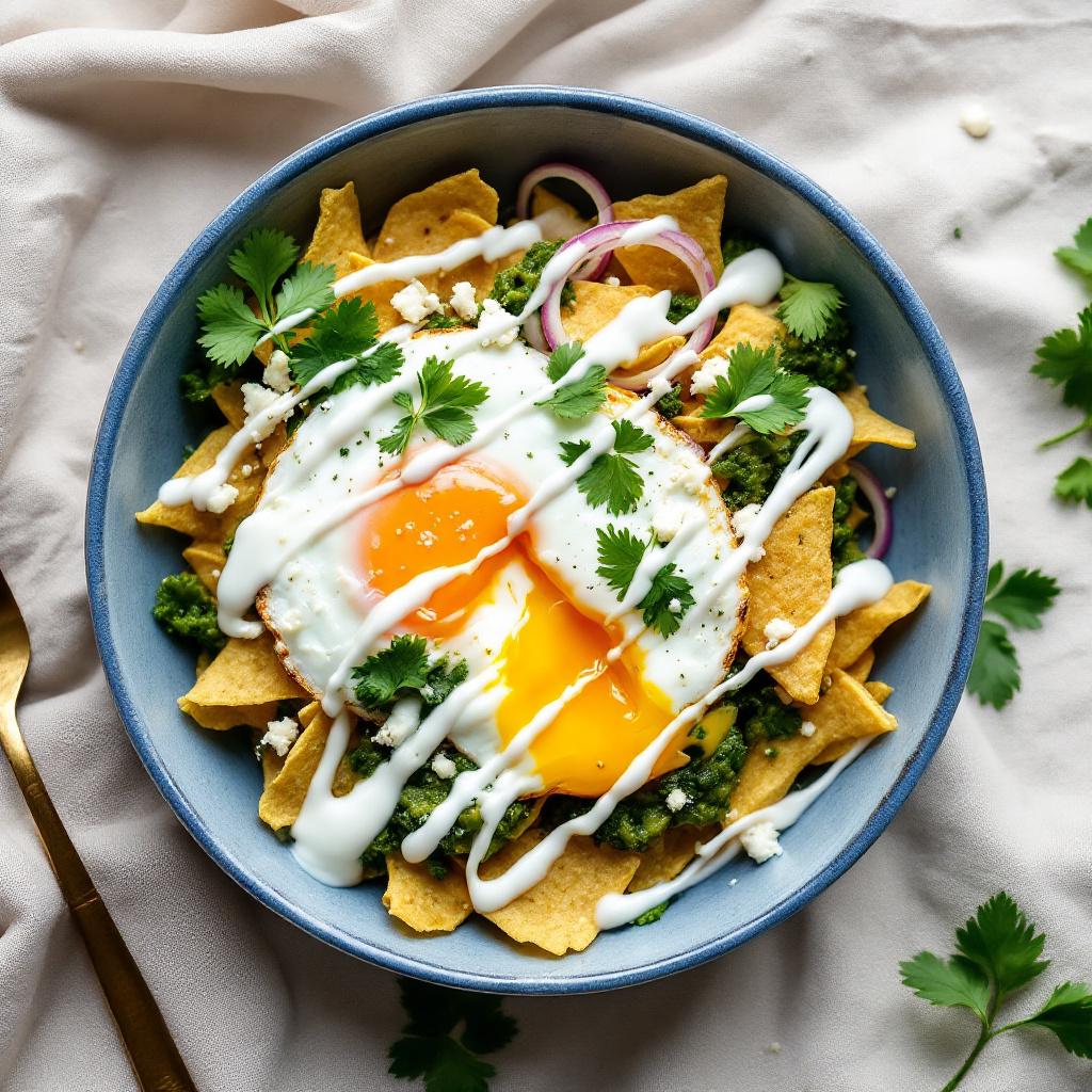 Mexican chilaquiles verdes with green salsa, crema, queso fresco and a runny fried egg on top