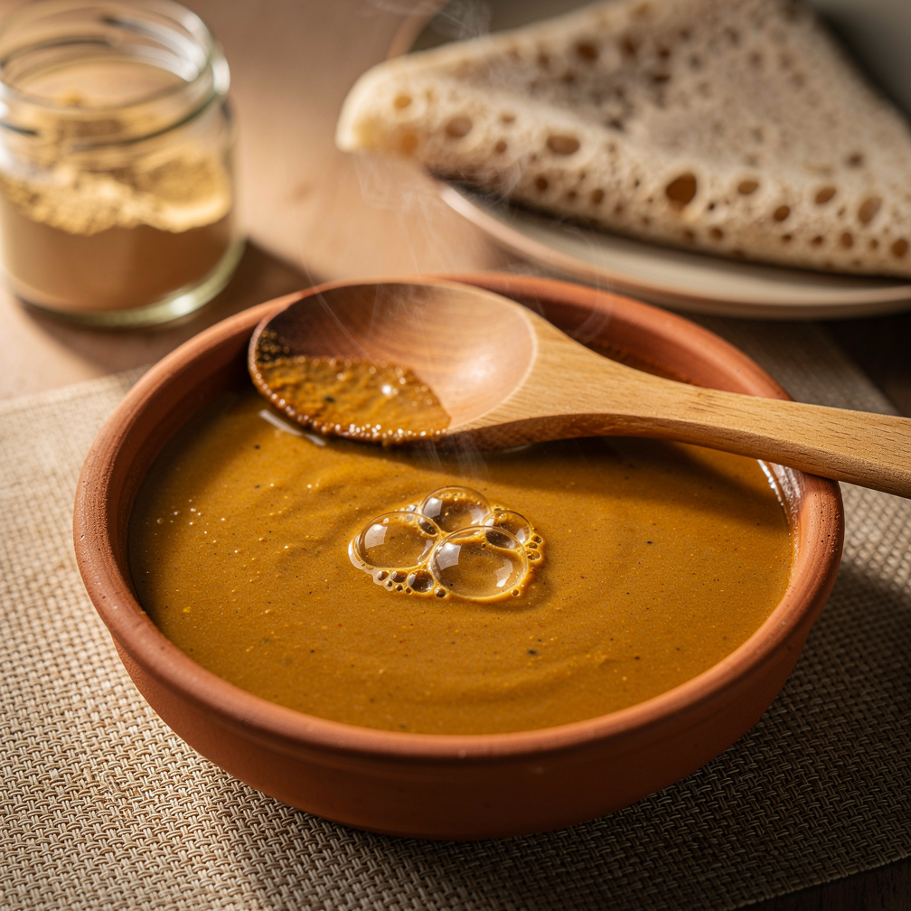 Crimson misir wat lentil stew in a small black bowl with torn injera