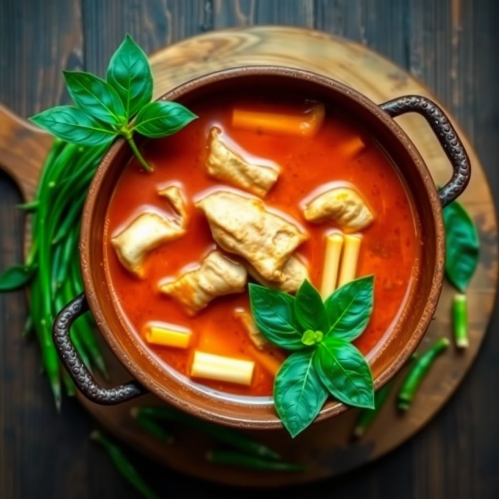 Gaeng Pa jungle curry with green peppercorns, chicken and bamboo shoots