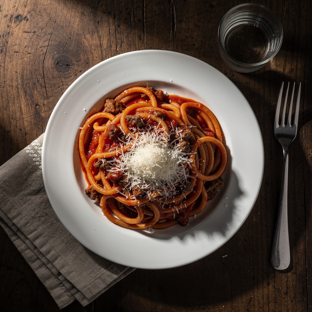 Bucatini coated in red tomato amatriciana sauce with grated pecorino on top