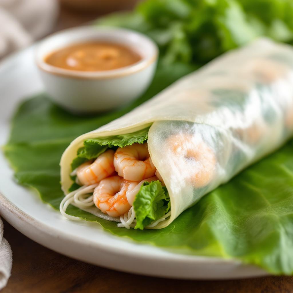 Classic gỏi cuốn with split pink shrimp, mint, and vermicelli visible through wrapper