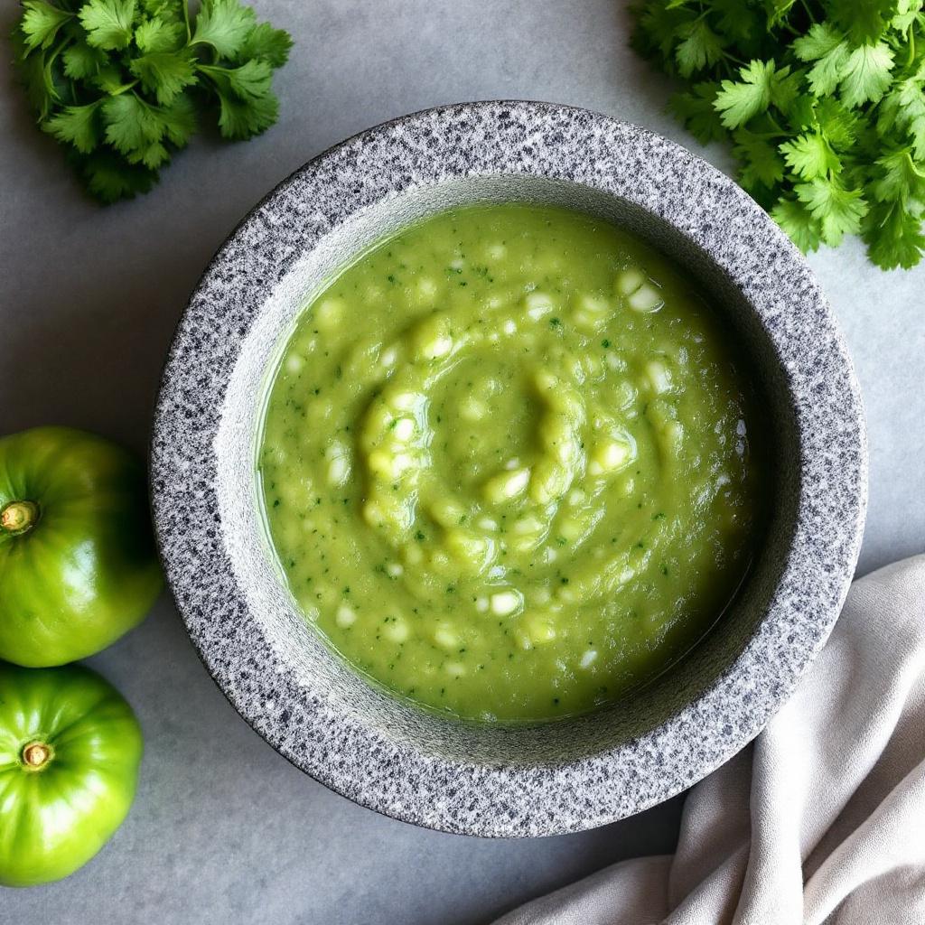 Bright green raw tomatillo salsa with visible cilantro and onion flecks in a granite molcajete