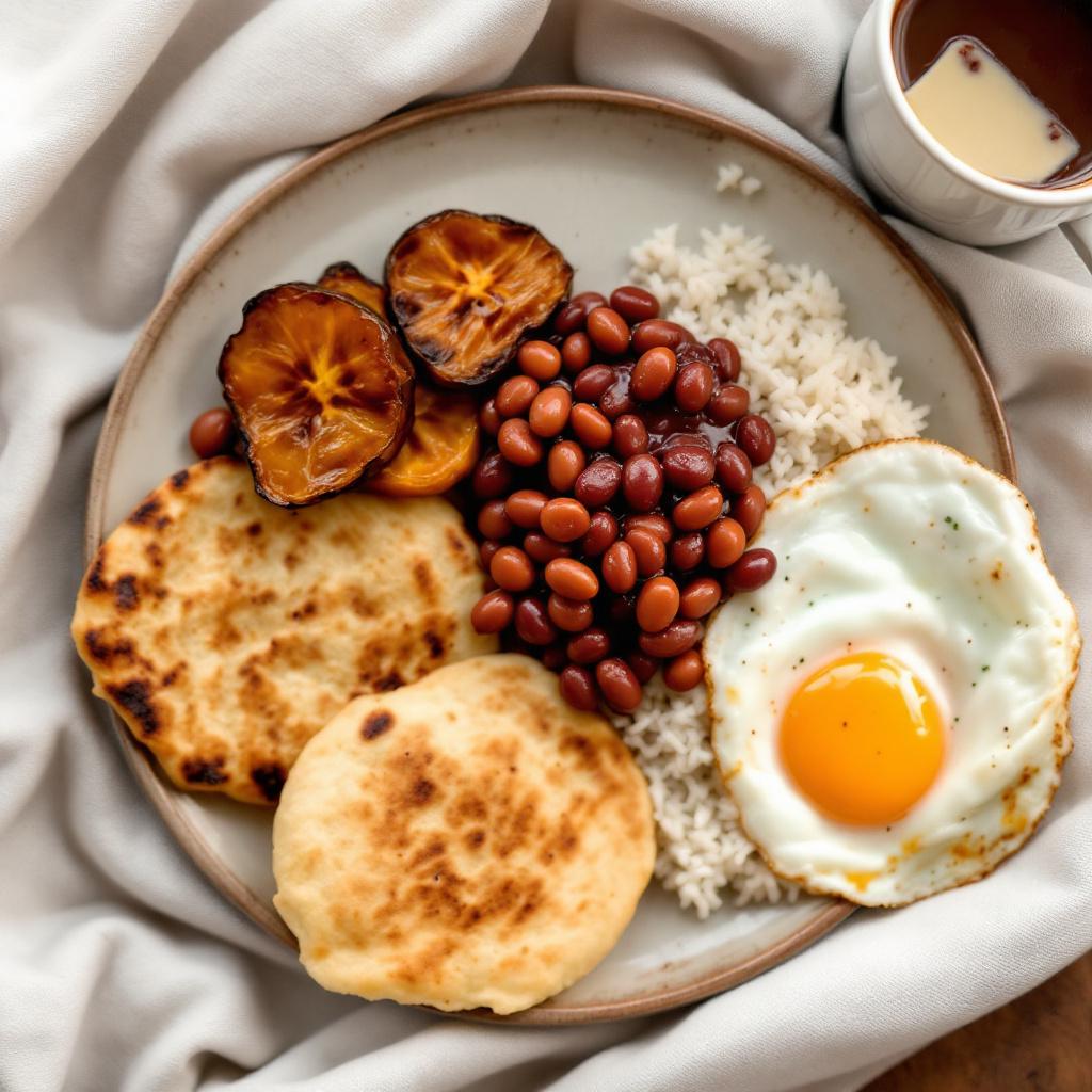 Colombian calentado plate with rice, red beans, sweet plantain, fried egg, arepa and a mug of hot chocolate