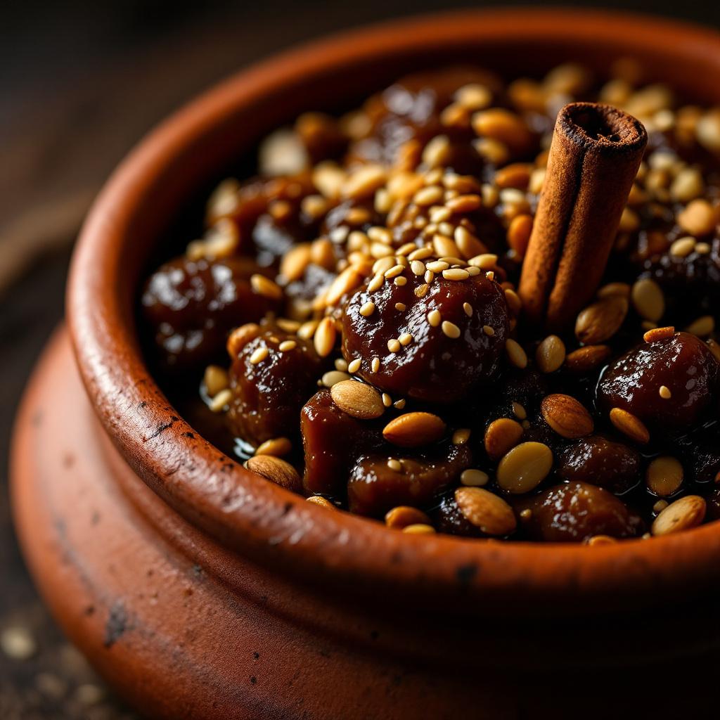 Lamb tagine with prunes, toasted almonds and sesame seeds in dark broth