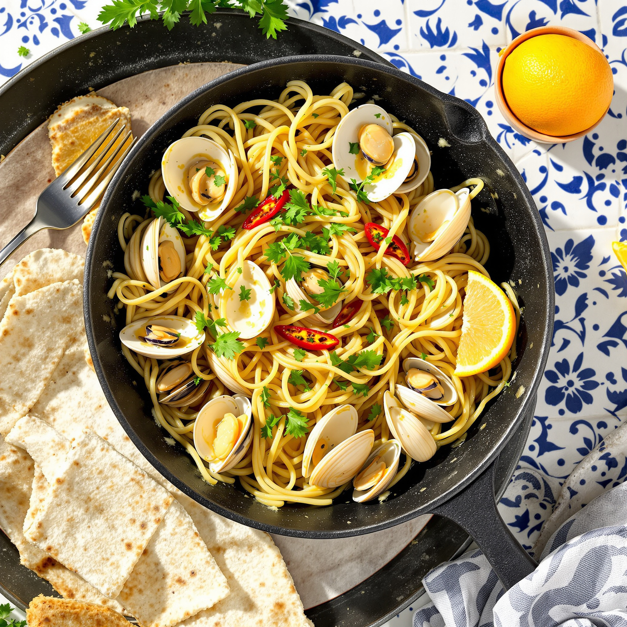 Linguine with clams in white sauce garnished with parsley in a black skillet