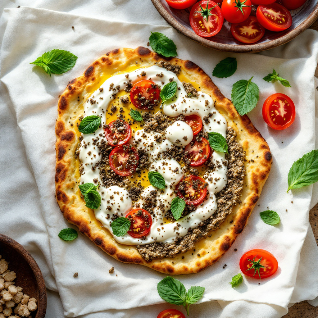 Lebanese manakeesh flatbread topped with a thick za'atar and olive oil paste, baked until the edges are just crisping, photographed flat-lay on a terracotta-toned linen cloth with sliced tomatoes and olives scattered nearby, bright Mediterranean midday light