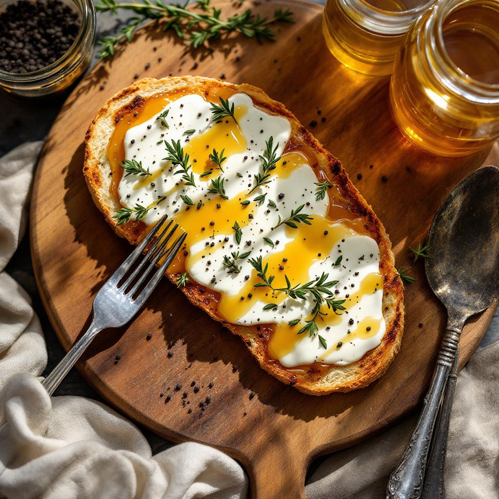 Fresh goat cheese tartine drizzled with honey and fresh thyme sprigs