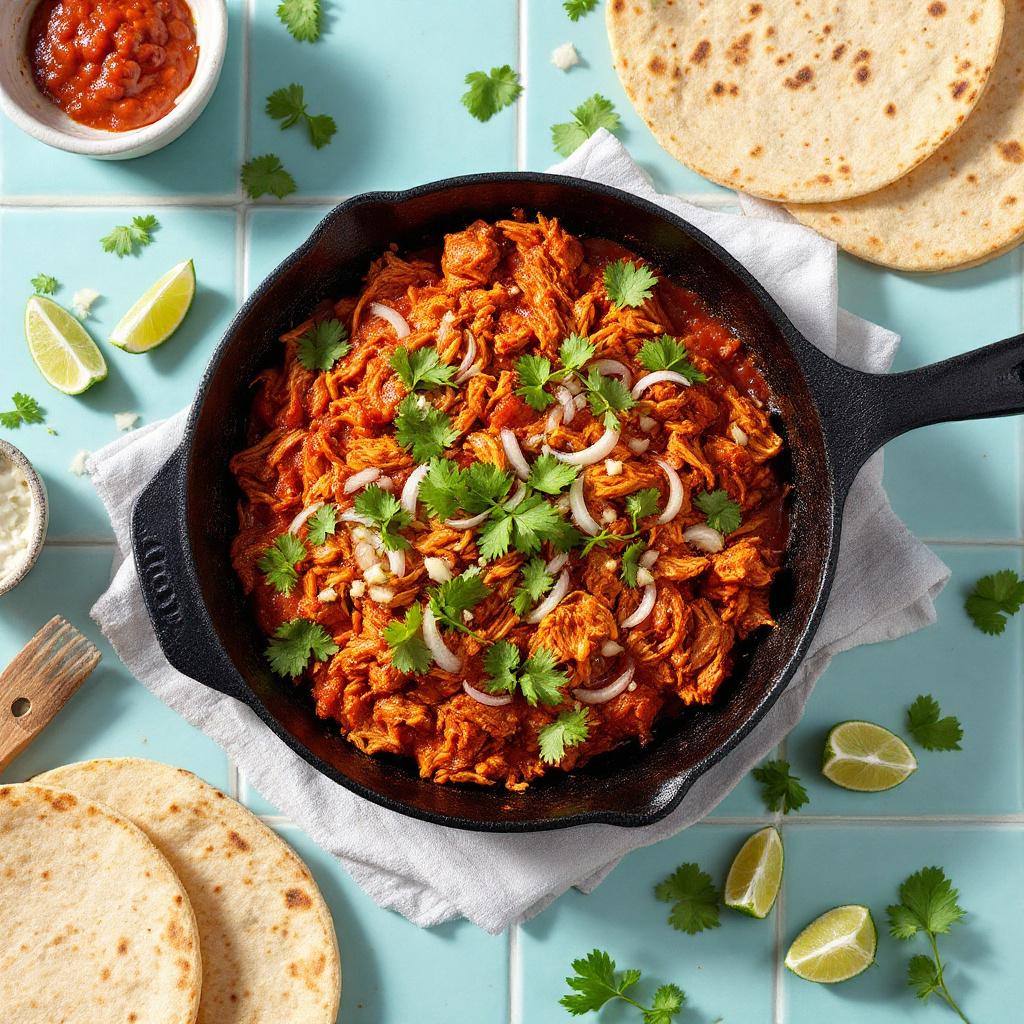 Mexican chicken tinga in a cast iron skillet with shredded chicken in a deep red chipotle sauce topped with cilantro and lime wedges