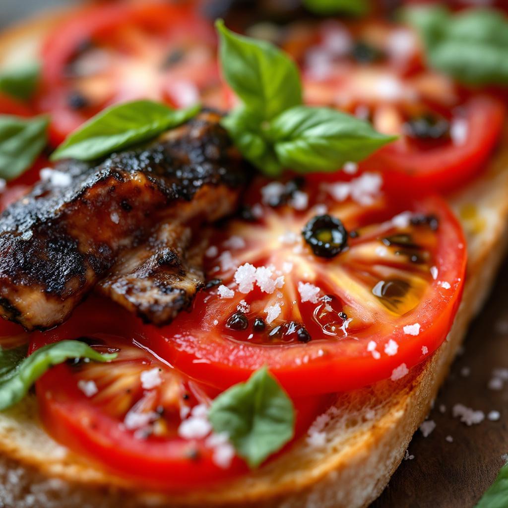 Sliced heirloom tomato tartine with anchovy fillet and torn basil leaves
