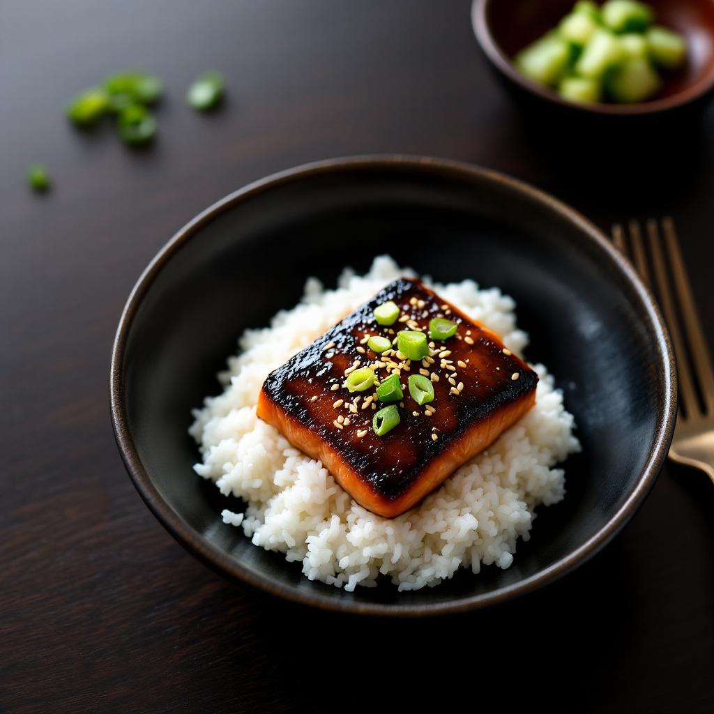 A piece of glazed miso ginger salmon on a bed of steamed white rice with sesame seeds, scallions and quick-pickled cucumber