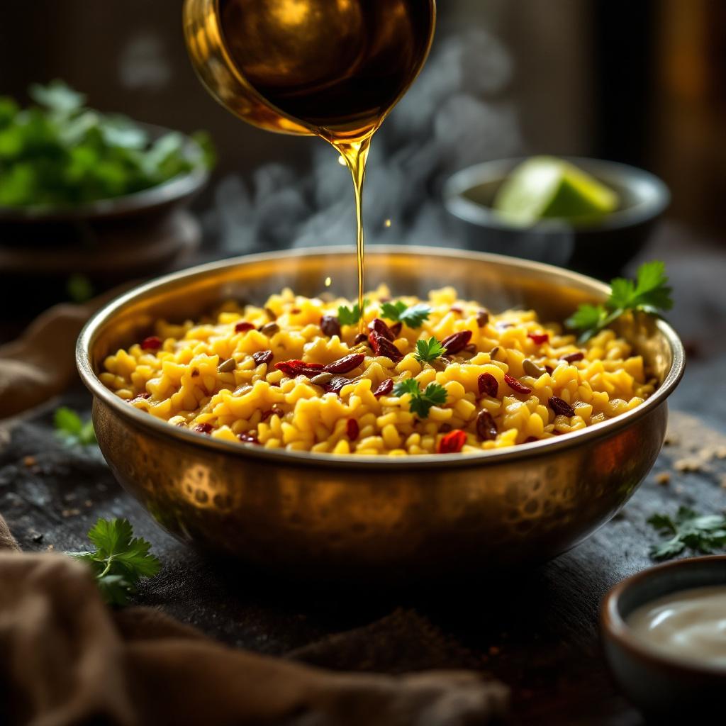 Indian khichdi in a brass pot topped with sizzling cumin tadka and cilantro