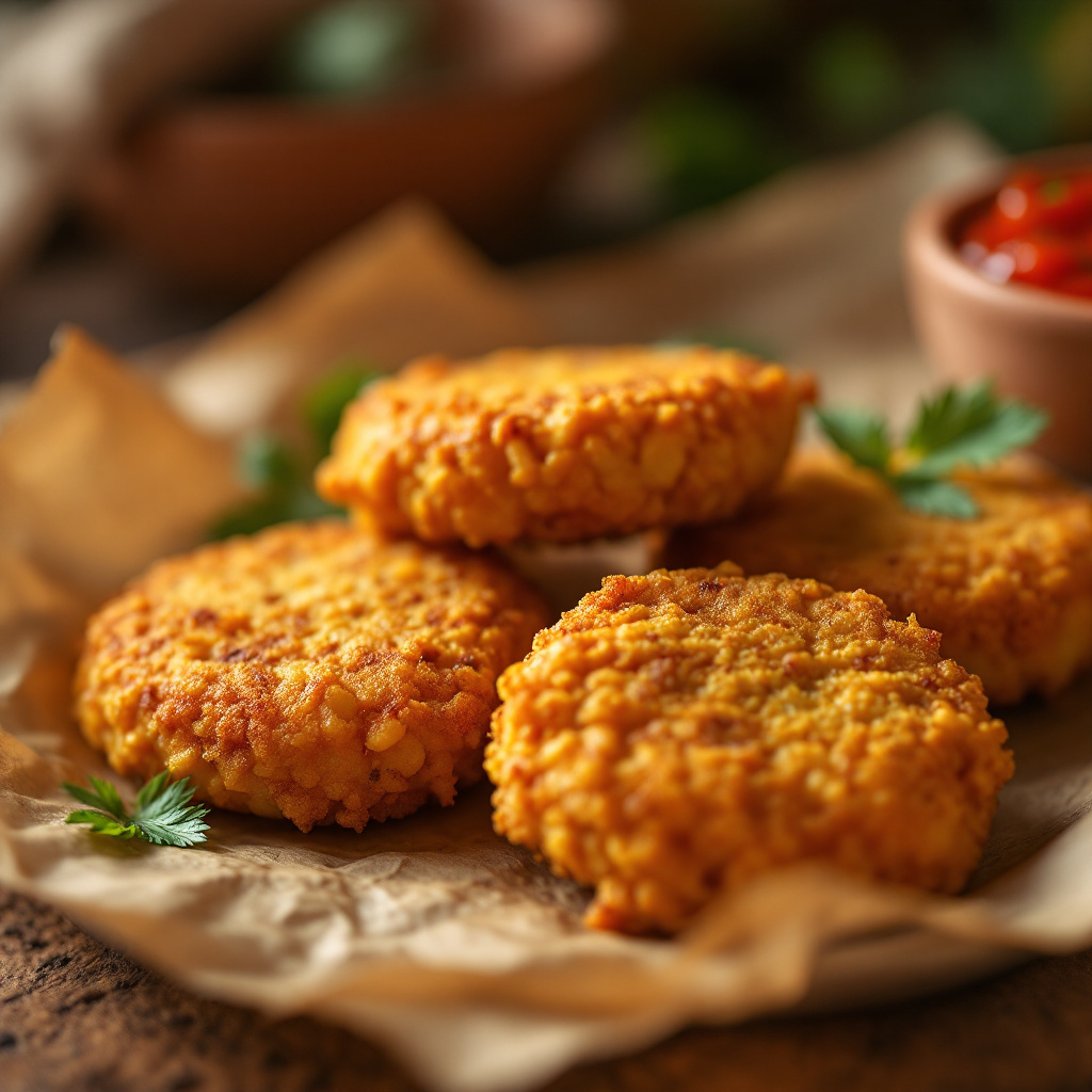 Nigerian akara black-eyed pea fritters, golden and crisp on the outside, arranged on a sheet of newspaper-style paper, photographed from a low side angle in warm morning light, with a small bowl of tomato and pepper dipping sauce visible in the background