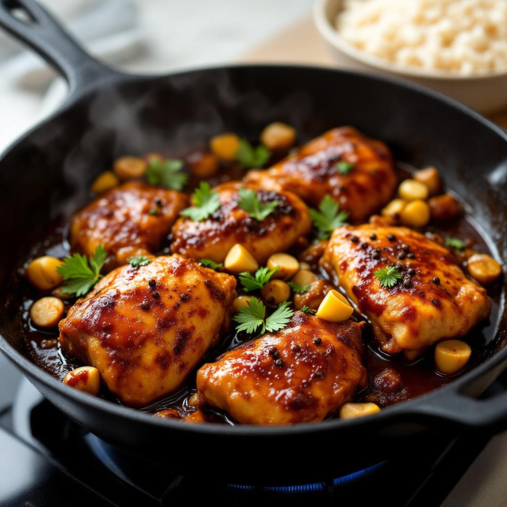 Cast iron pan of Filipino chicken adobo with glossy soy-vinegar sauce, bay leaves and steamed rice
