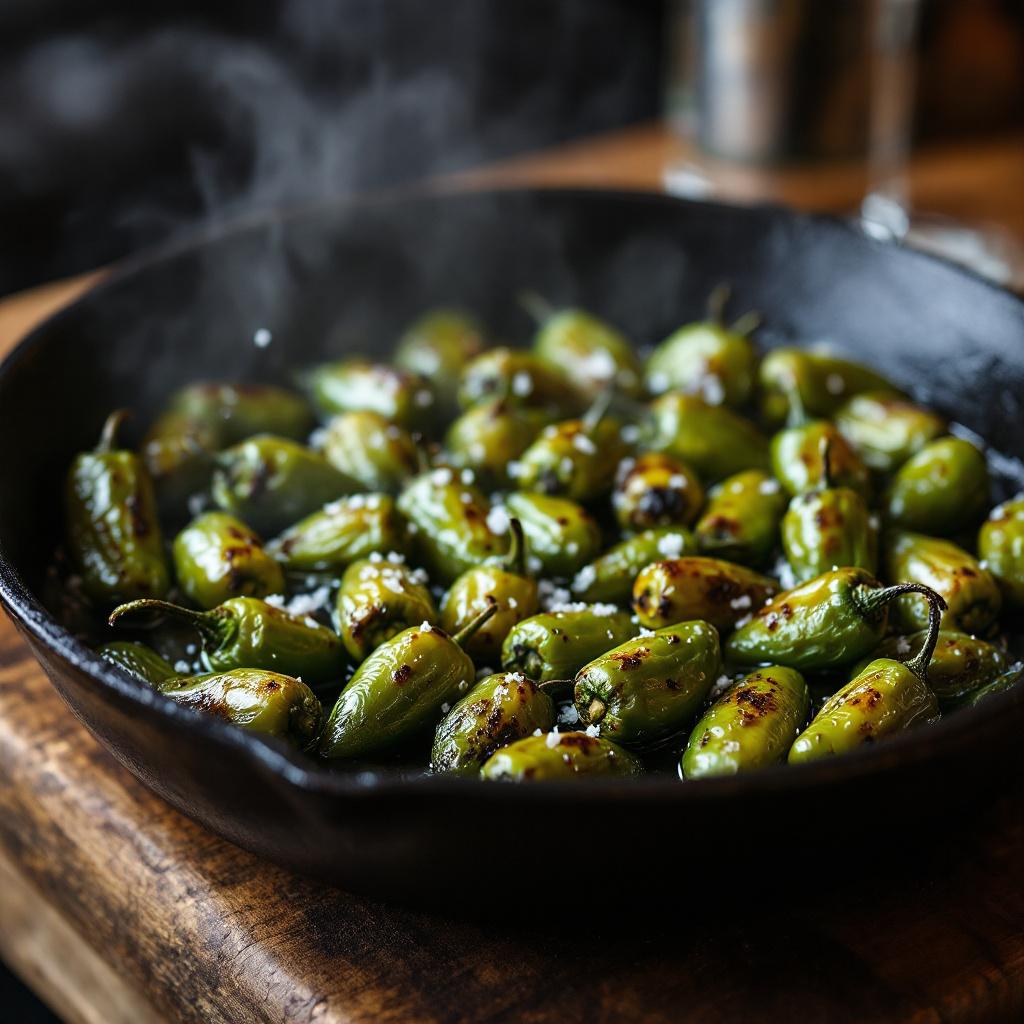 Blistered pimientos de padron in a cast iron pan scattered with flaky salt