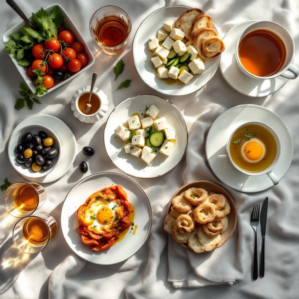 Turkish kahvalti spread with white cheese, olives, tomato, cucumber, honey with kaymak and menemen