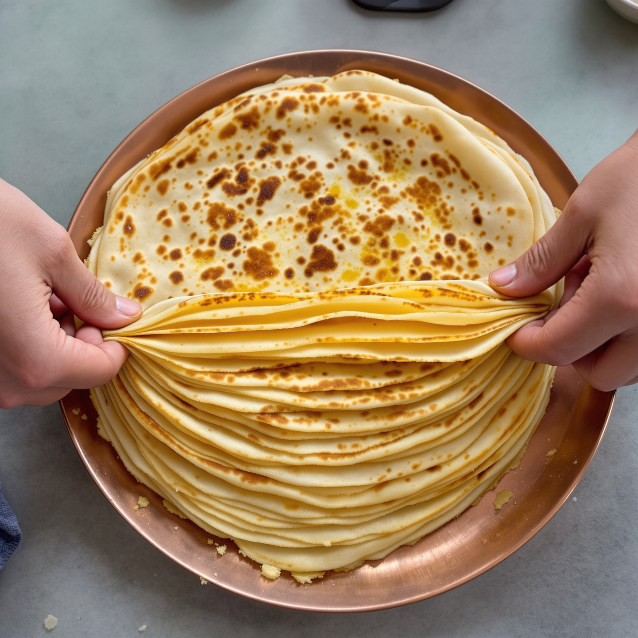 Flaky laccha paratha being pulled apart to show distinct golden layers